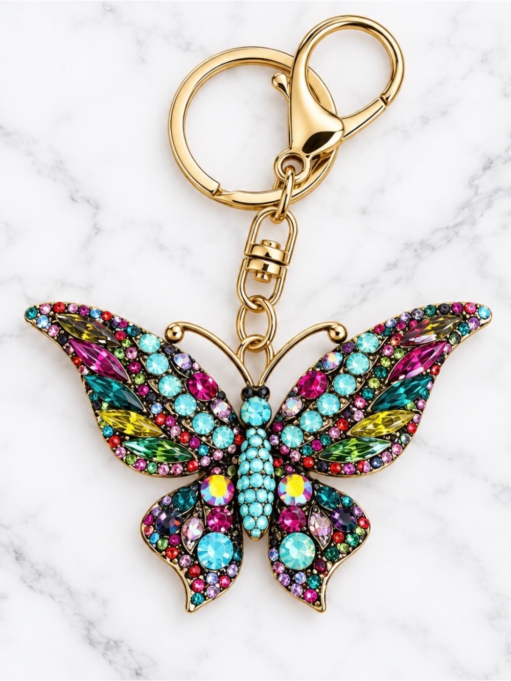 Gold Butterfly Crystal Keychain - Multicolor Sparkle